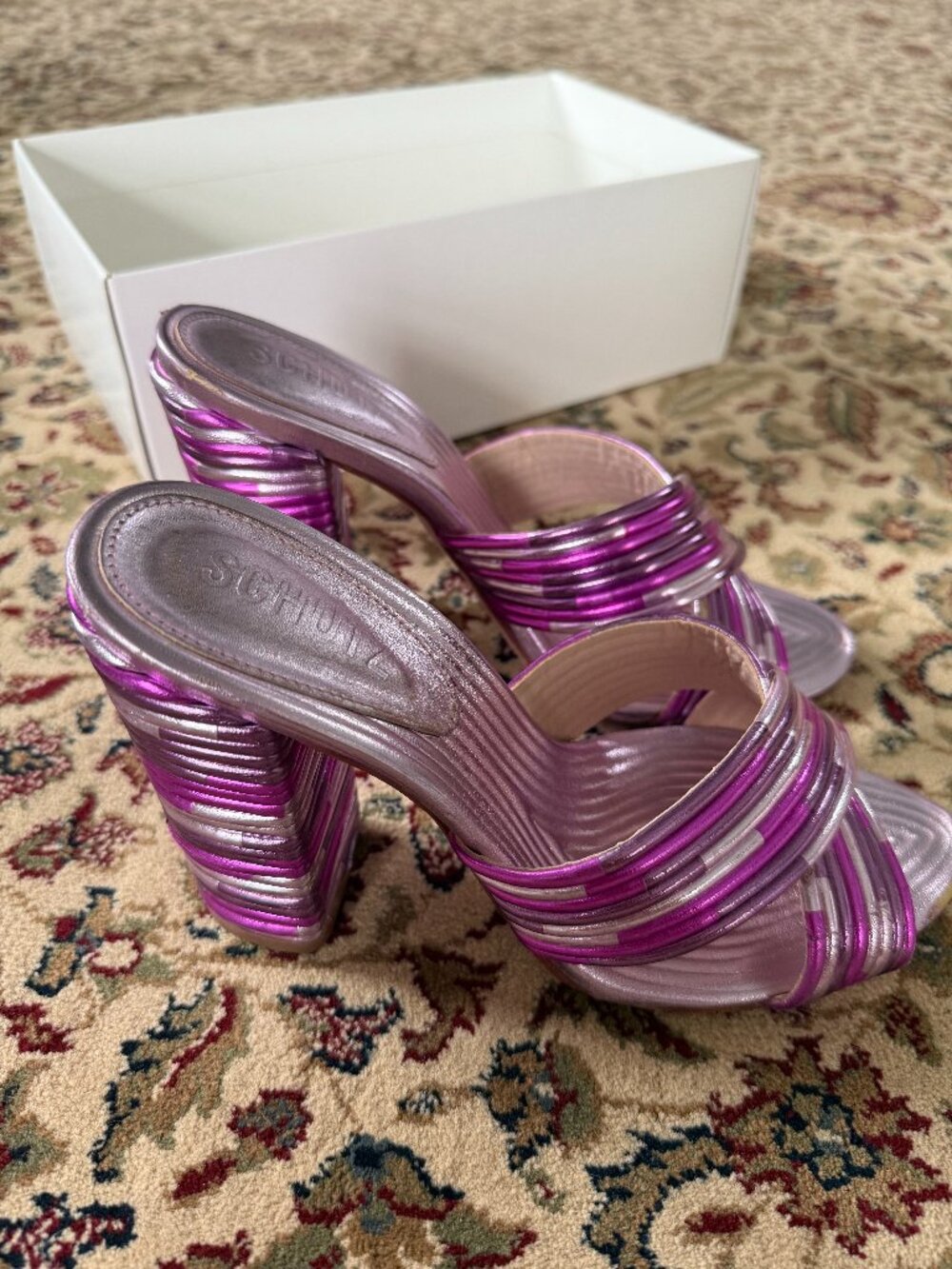 SCHUTZ Heeled Metallic Mules